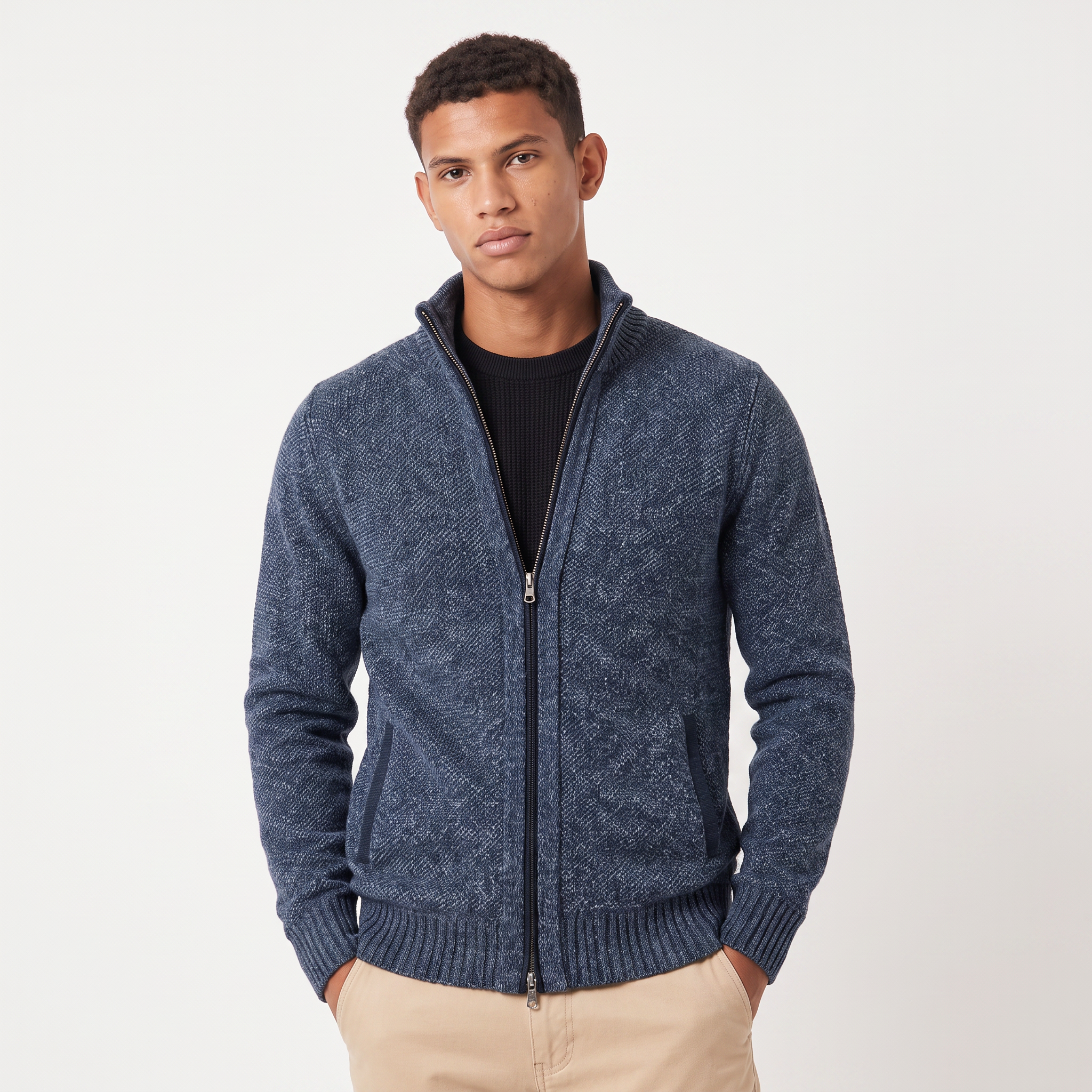 Herren Struktur-Strickjacke mit Stehkragen und Reißverschluss