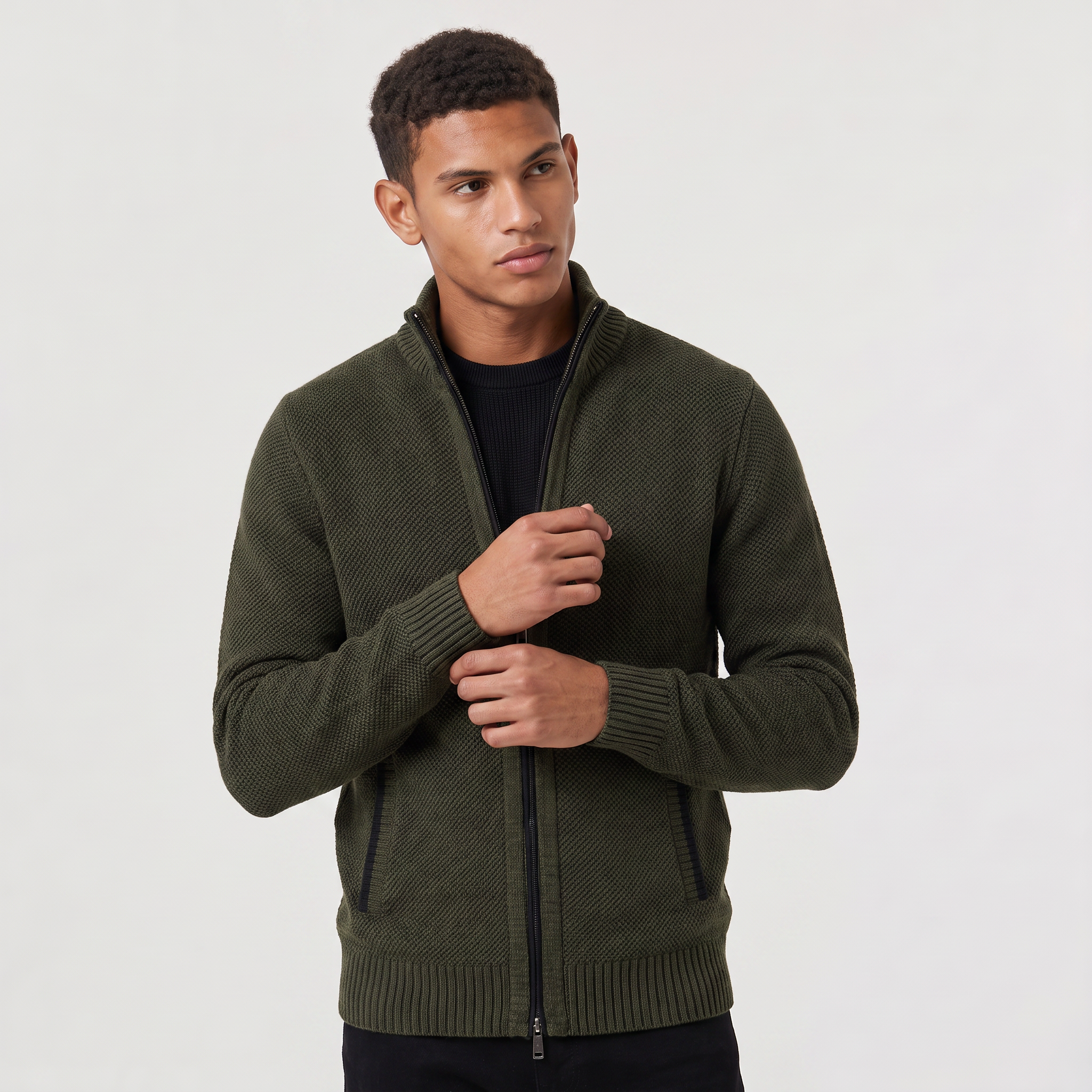Herren Struktur-Strickjacke mit Stehkragen und Reißverschluss