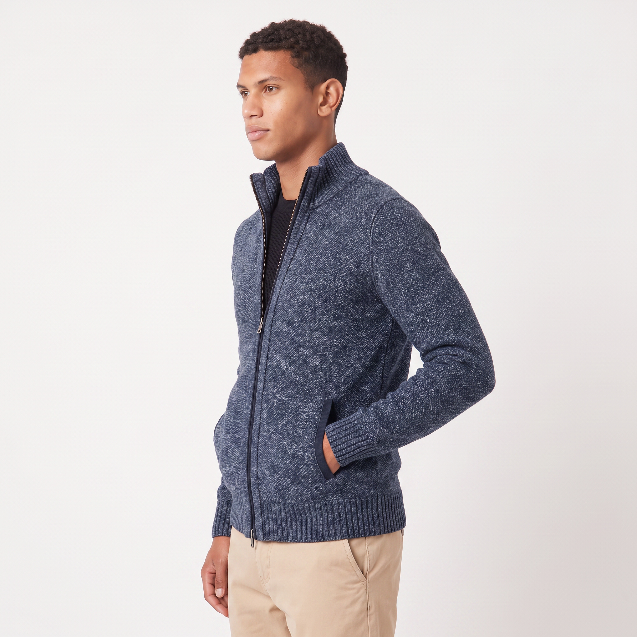 Herren Struktur-Strickjacke mit Stehkragen und Reißverschluss