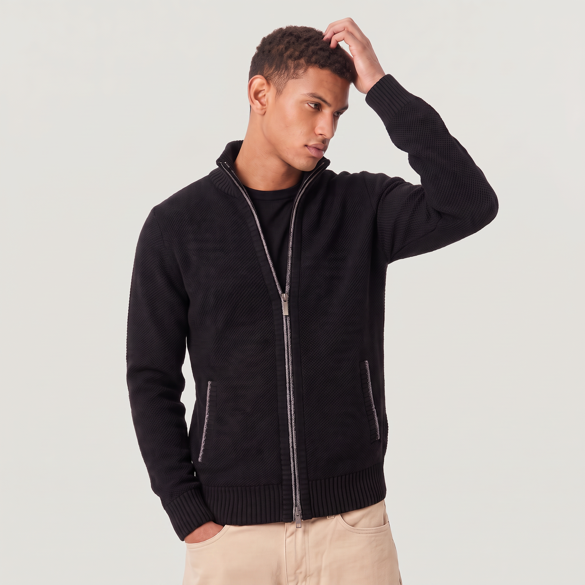 Herren Struktur-Strickjacke mit Stehkragen und Reißverschluss