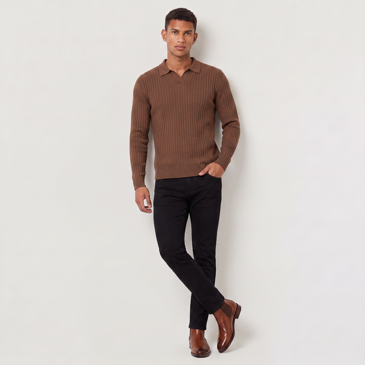 Herren Rippstrickpullover mit Polokragen Slim Fit