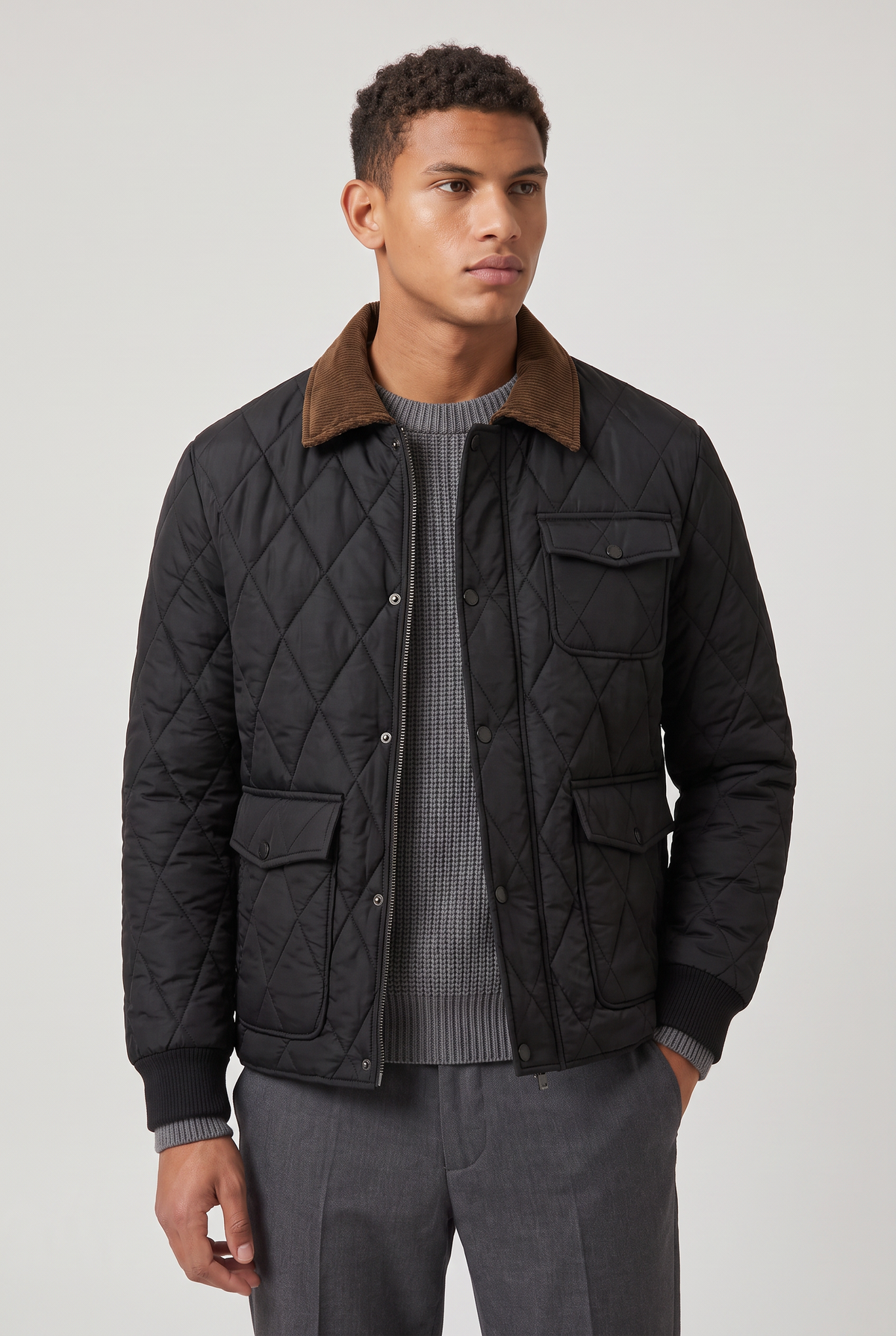 Herren Steppjacke mit Rautenmuster und Cordkragen