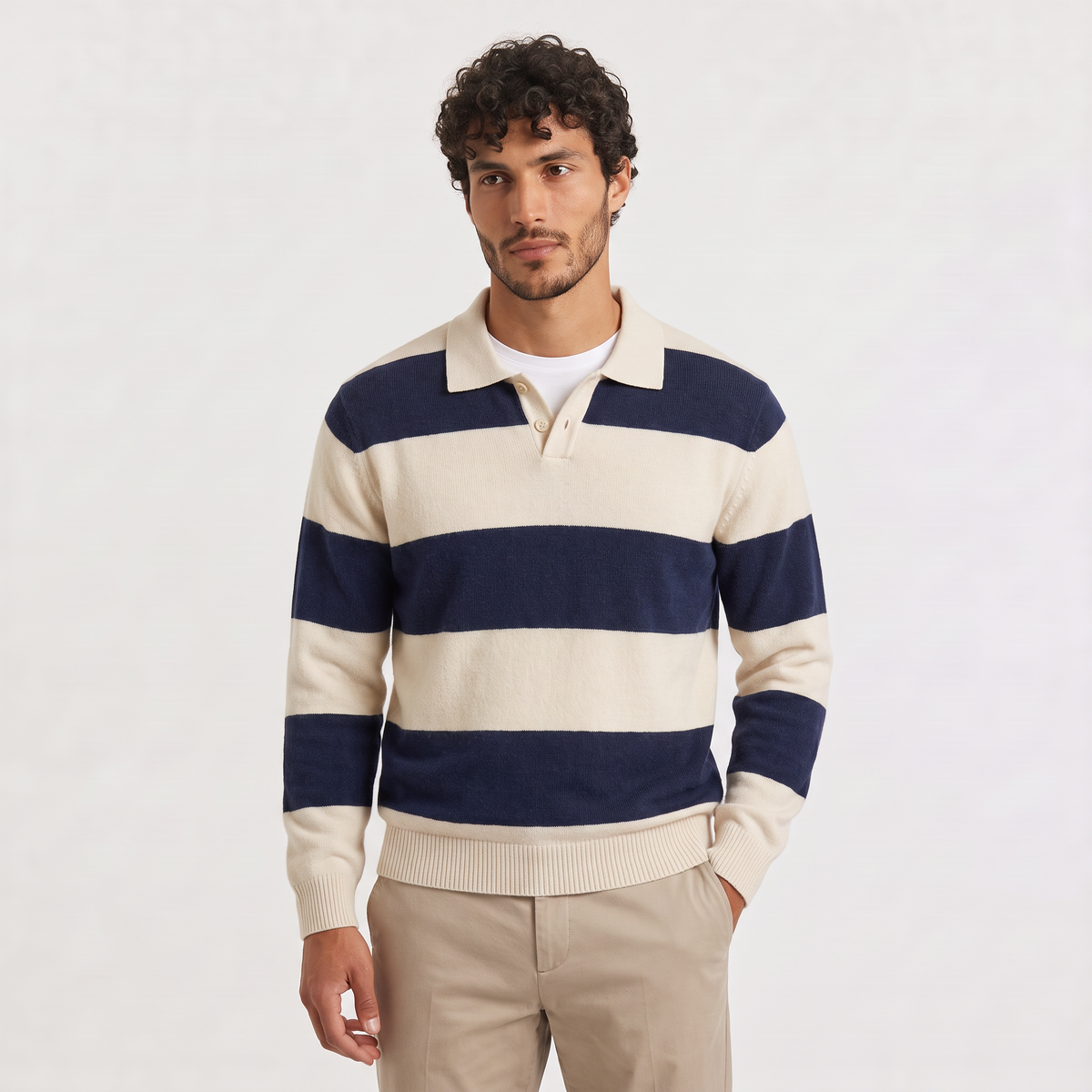 Herren Strickpullover Polokragen Gestreift mit Knopfleiste und Regular Fit