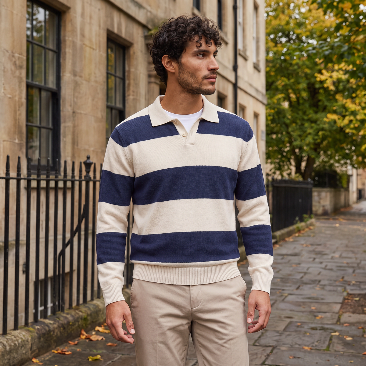 Herren Strickpullover Polokragen Gestreift mit Knopfleiste und Regular Fit