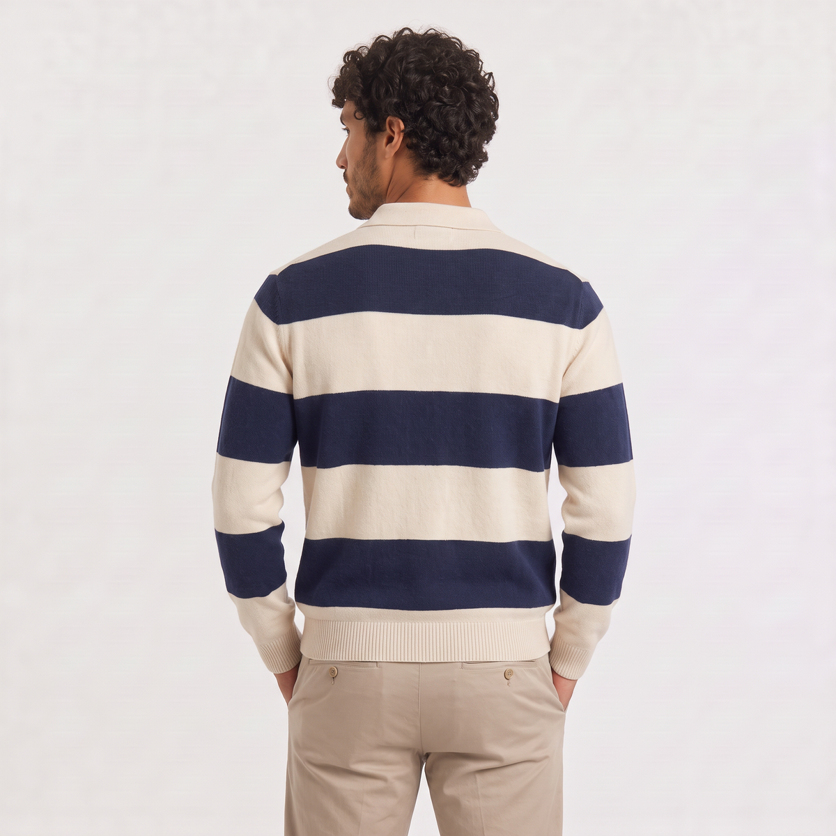 Herren Strickpullover Polokragen Gestreift mit Knopfleiste und Regular Fit