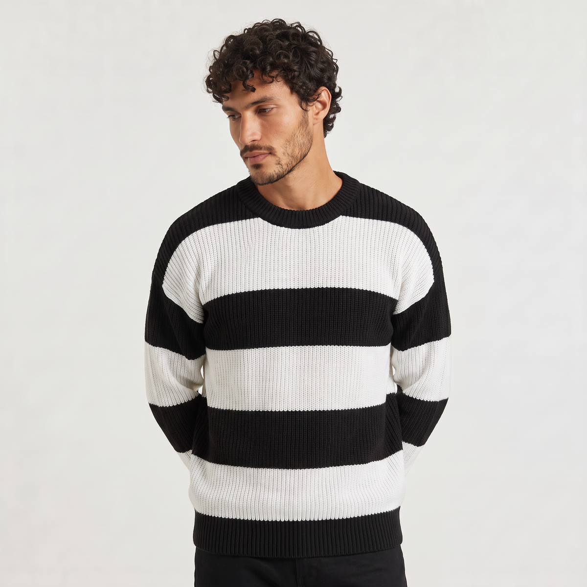 Herren Strickpullover Gestreift mit Rundhalsausschnitt und Relaxed Fit