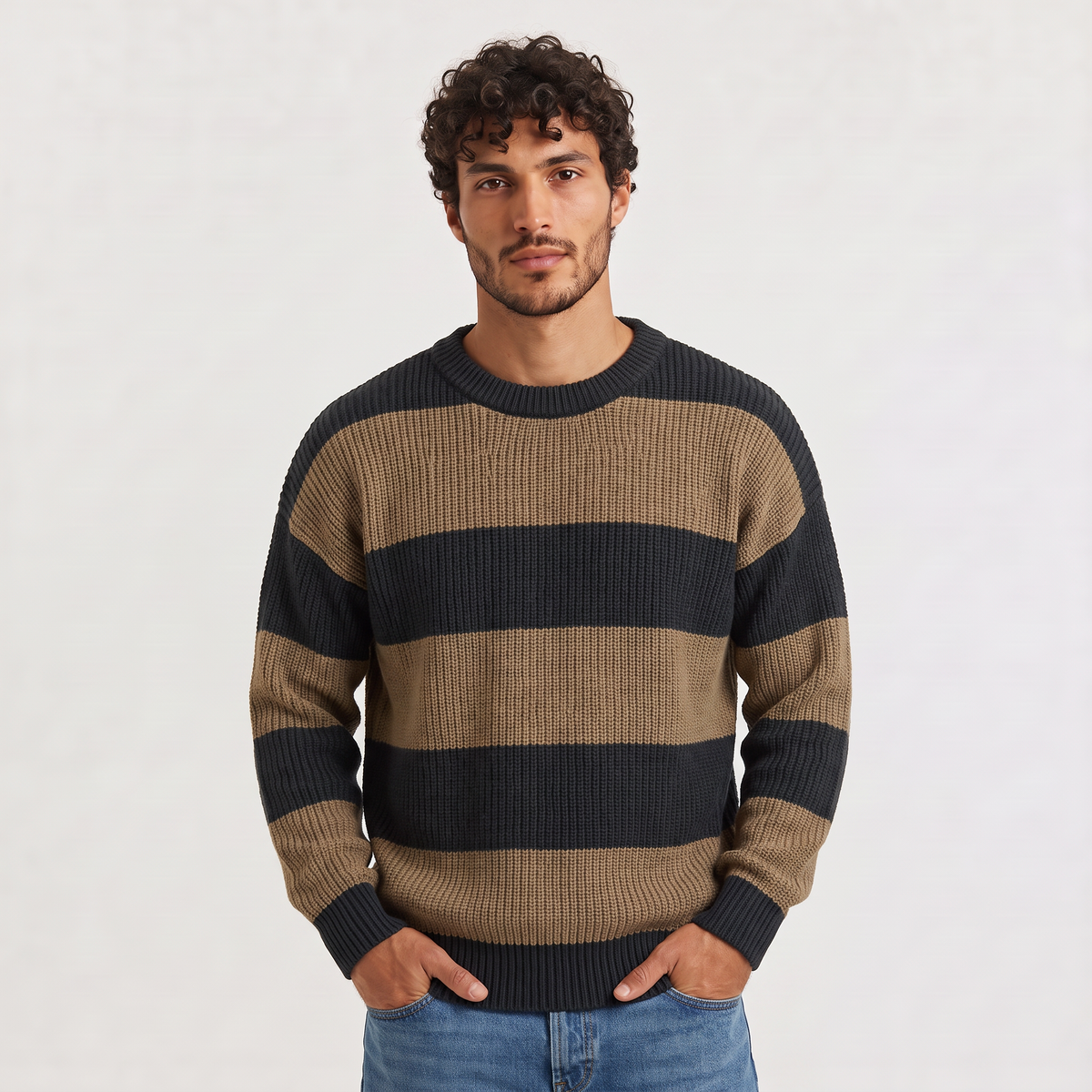 Herren Strickpullover Gestreift mit Rundhalsausschnitt und Relaxed Fit