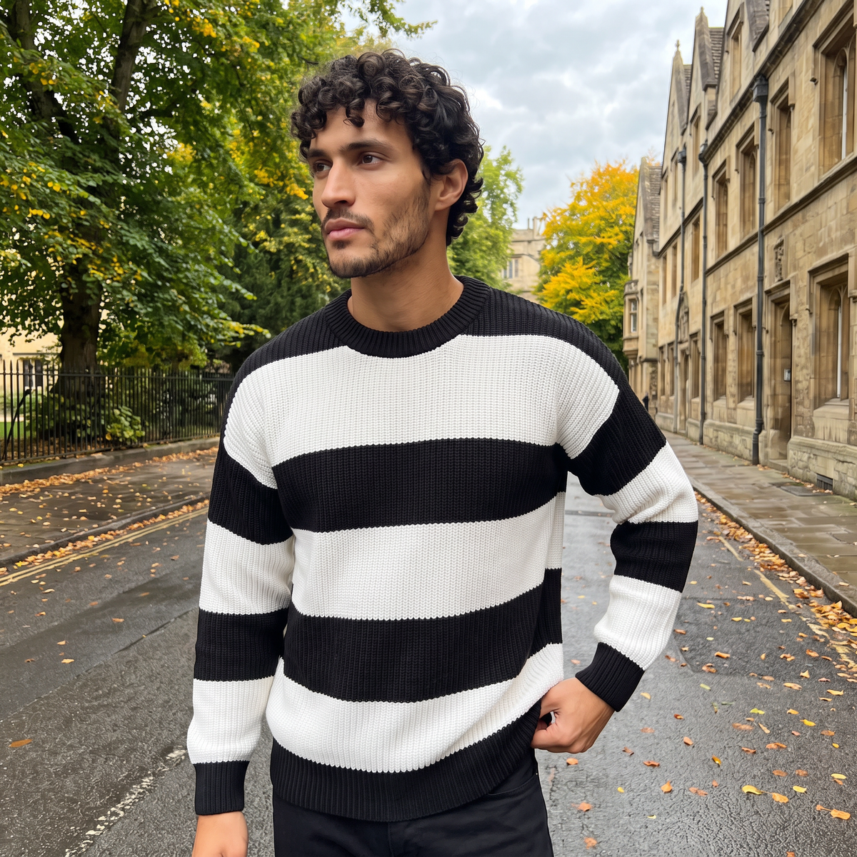 Herren Strickpullover Gestreift mit Rundhalsausschnitt und Relaxed Fit