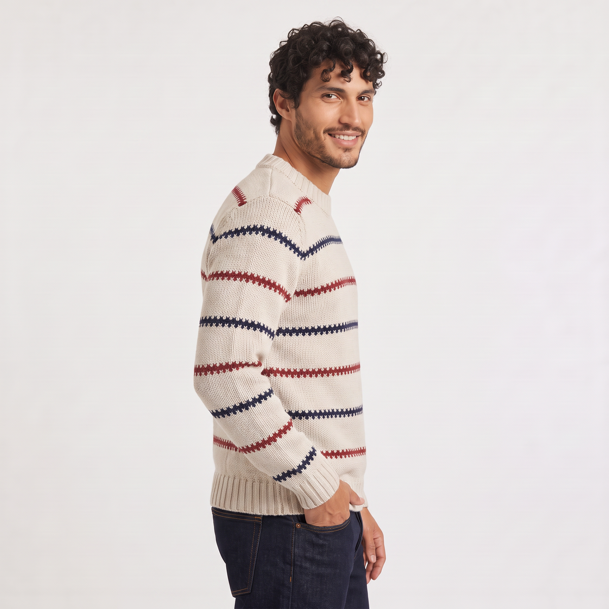 Herren Strickpullover Gestreift mit Rundhalsausschnitt und Strukturmuster
