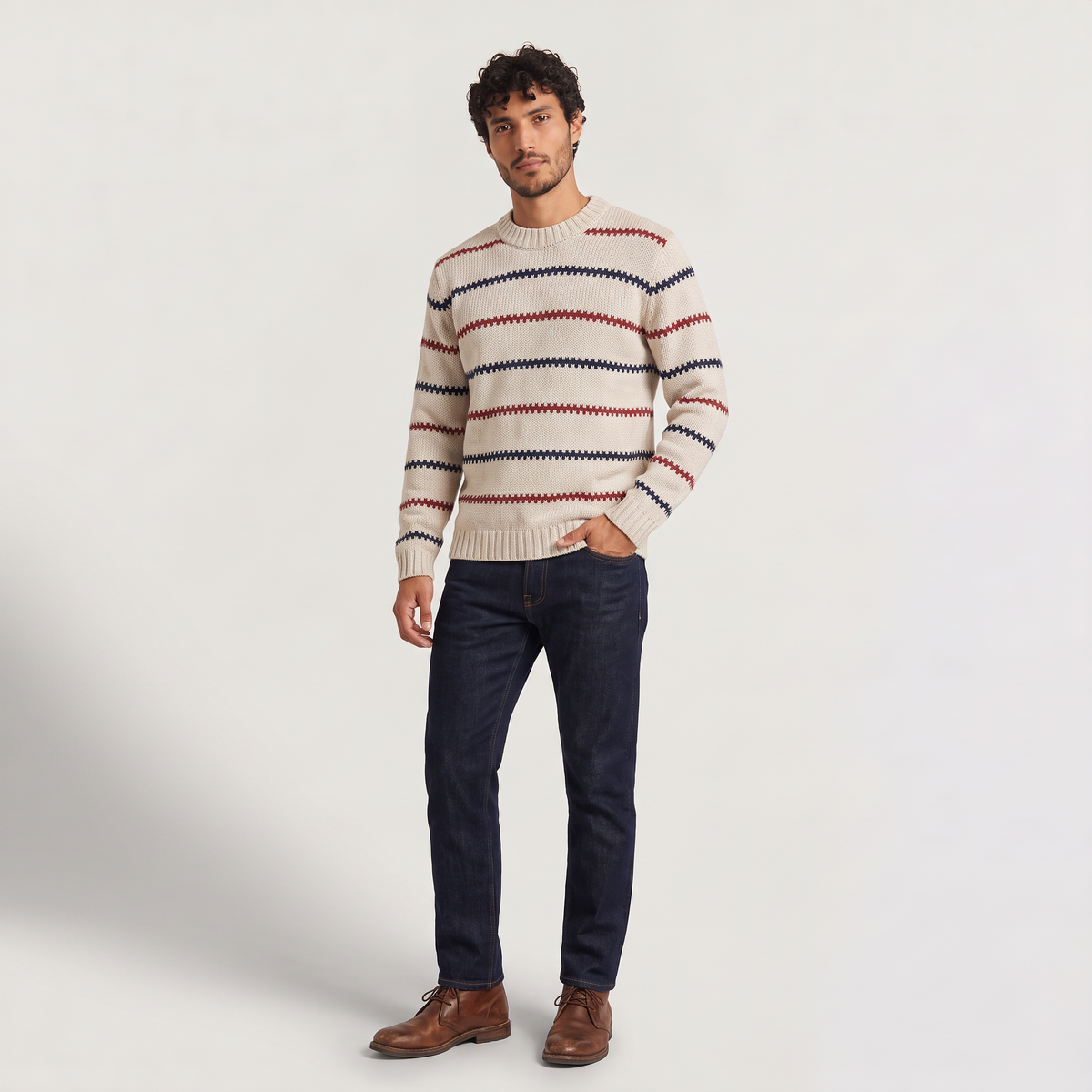 Herren Strickpullover Gestreift mit Rundhalsausschnitt und Strukturmuster