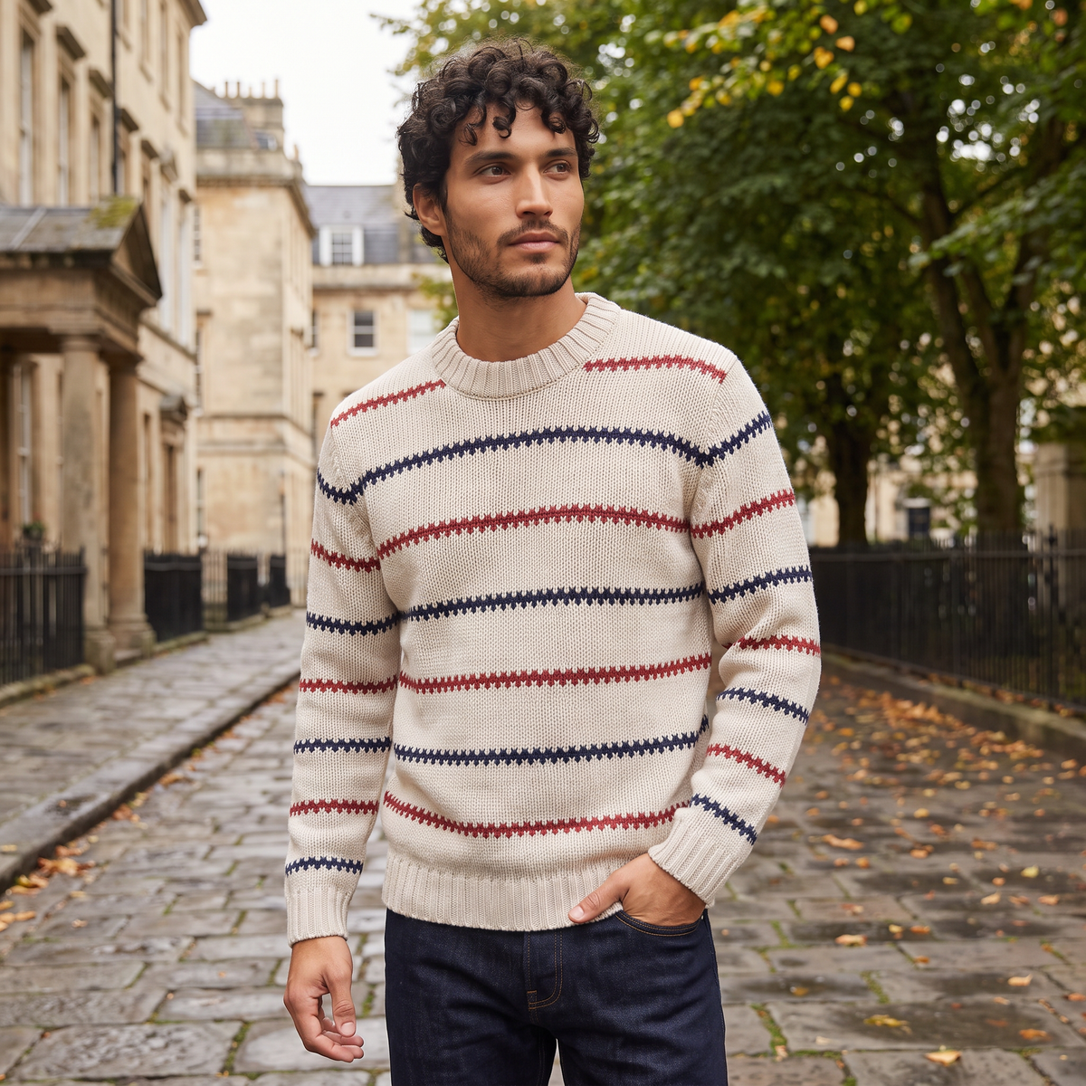 Herren Strickpullover Gestreift mit Rundhalsausschnitt und Strukturmuster