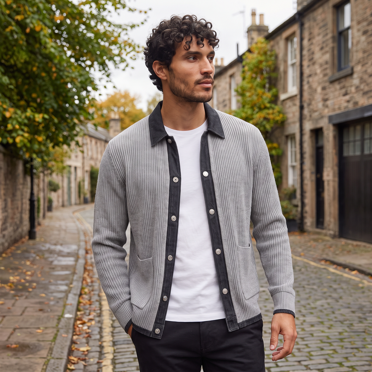 Herren Strickjacke mit Knopfleiste Kontrastdetails und Reverskragen