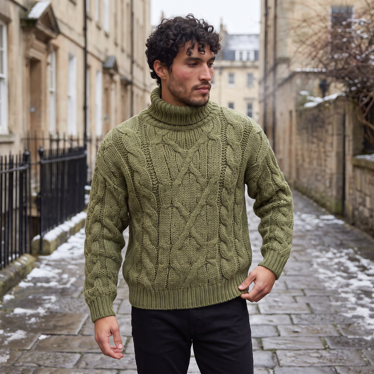 Herren Rollkragenpullover mit grobem Zopfmuster