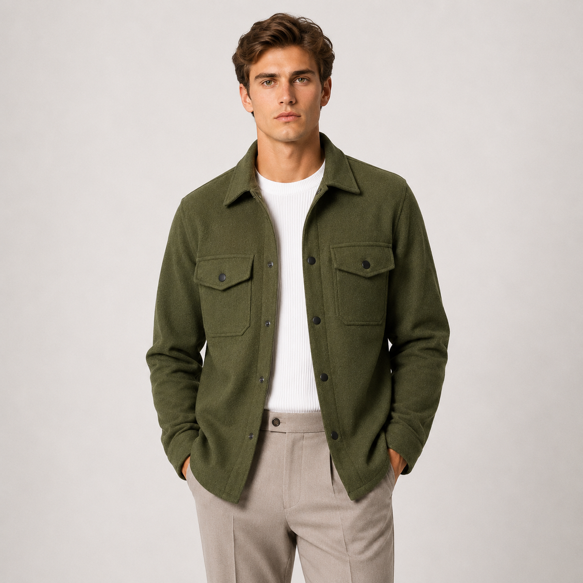 A man wearing a light beige overshirt jacket over a white ribbed sweater and beige trousers, standing against a plain light gray studio background.