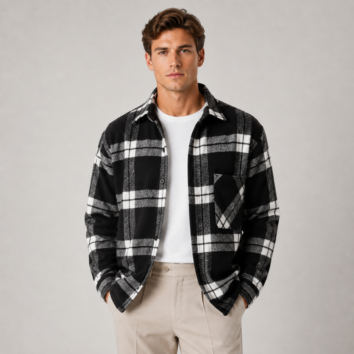 A man modeling a long-sleeve plaid flannel shirt over a white t-shirt and beige pants, standing against a light gray studio background.