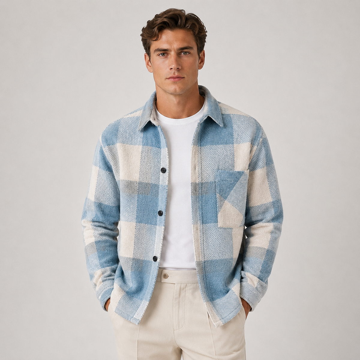 A man wearing a yellow, gray, and white plaid flannel shirt over a white t-shirt and beige pants, standing against a light gray studio background.