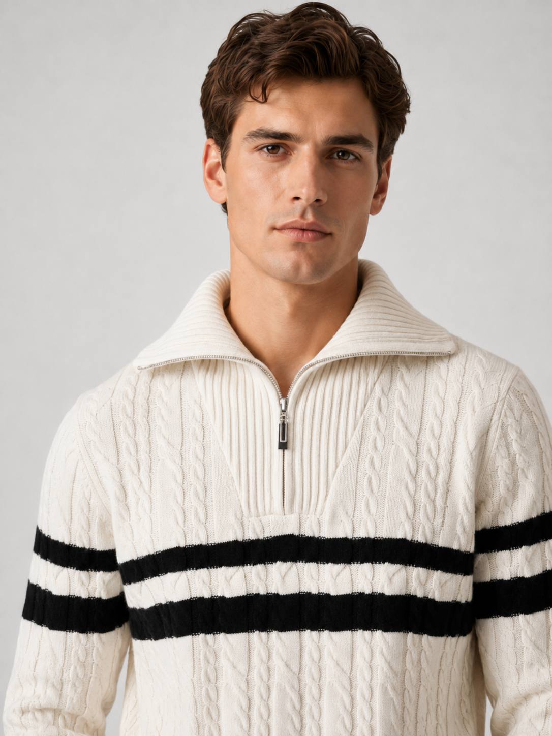 Pull à demi-fermeture éclair pour homme avec rayures et col montant