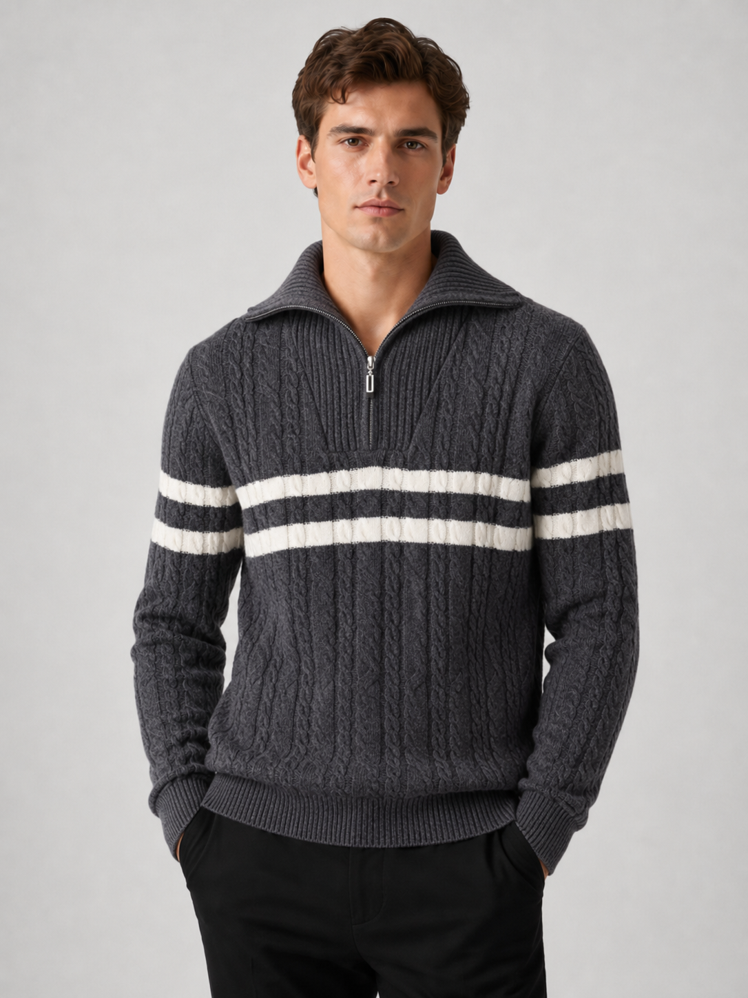 Pull à demi-fermeture éclair pour homme avec rayures et col montant