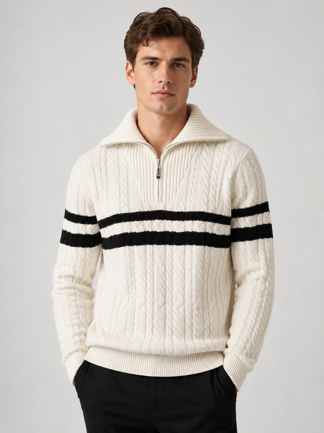 Pull à demi-fermeture éclair pour homme avec rayures et col montant