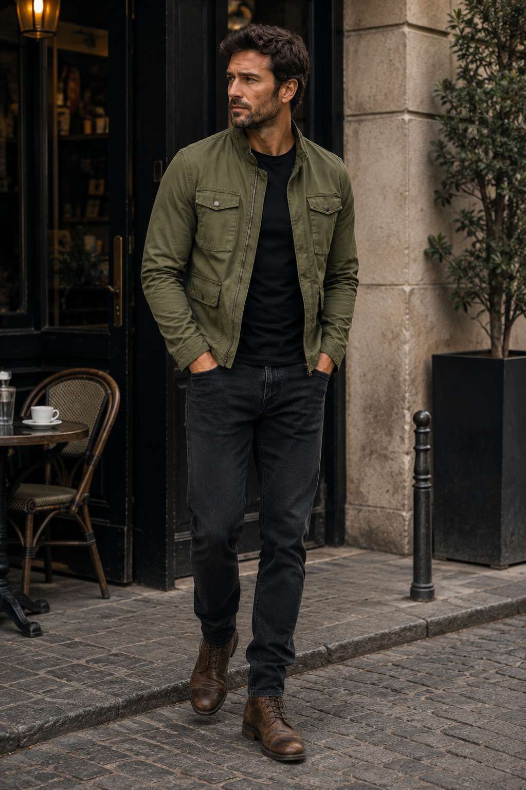Grüne Herren Baumwolljacke mit Stehkragen
