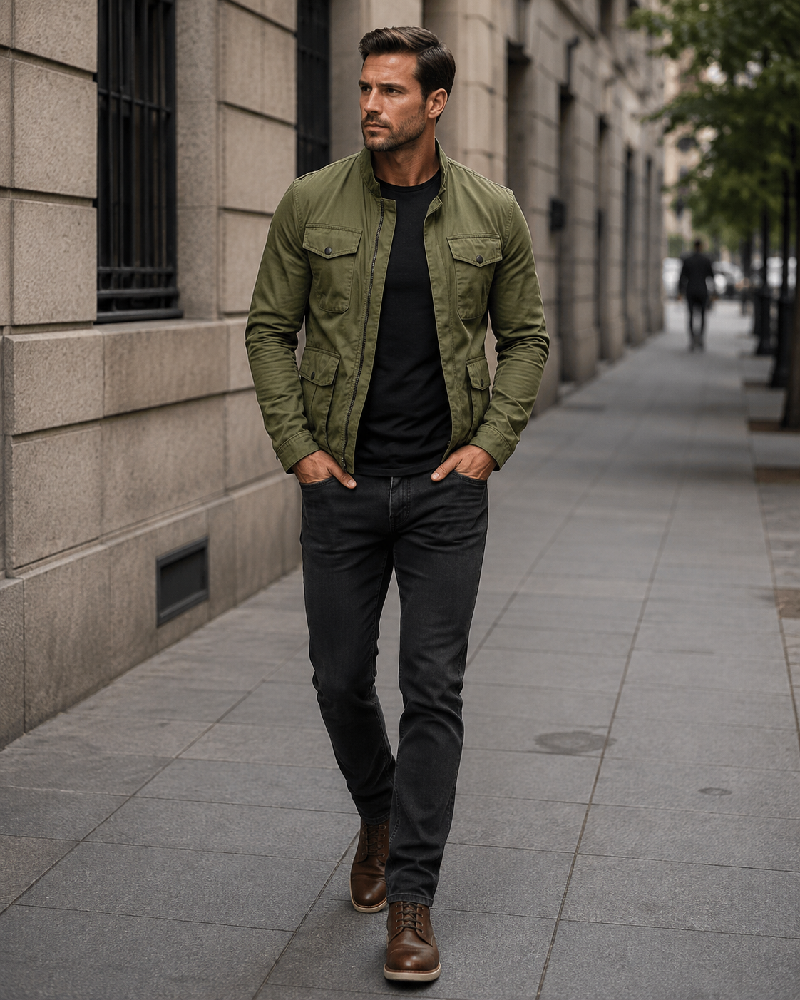 Grüne Herren Baumwolljacke mit Stehkragen