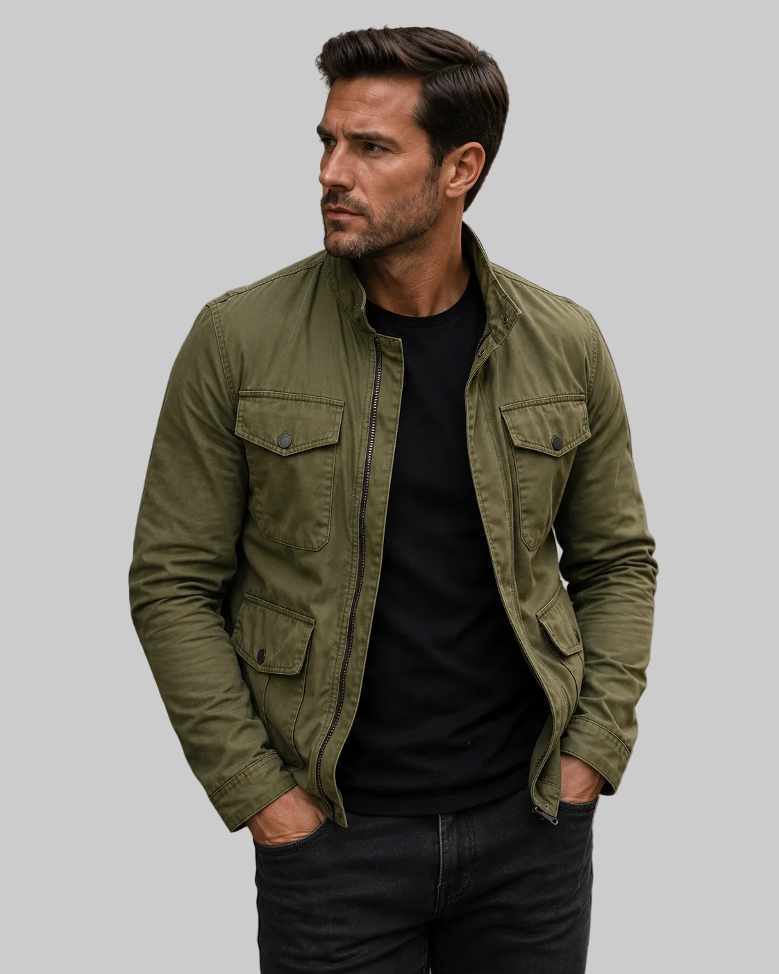Grüne Herren Baumwolljacke mit Stehkragen