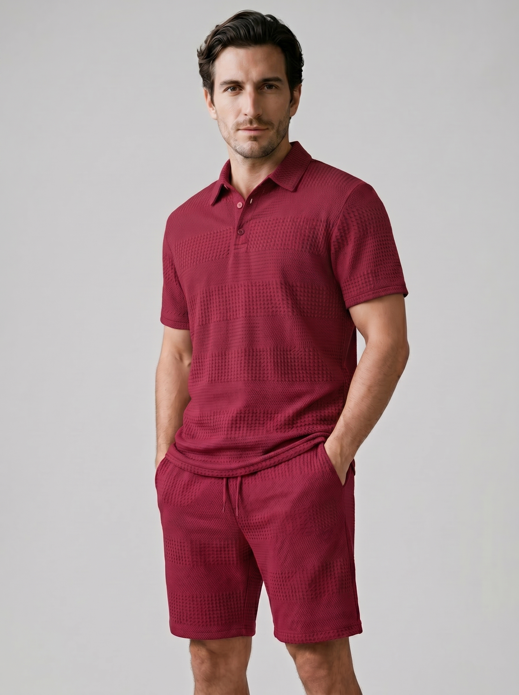 Set aus strukturiertem Polohemd und Shorts für Herren