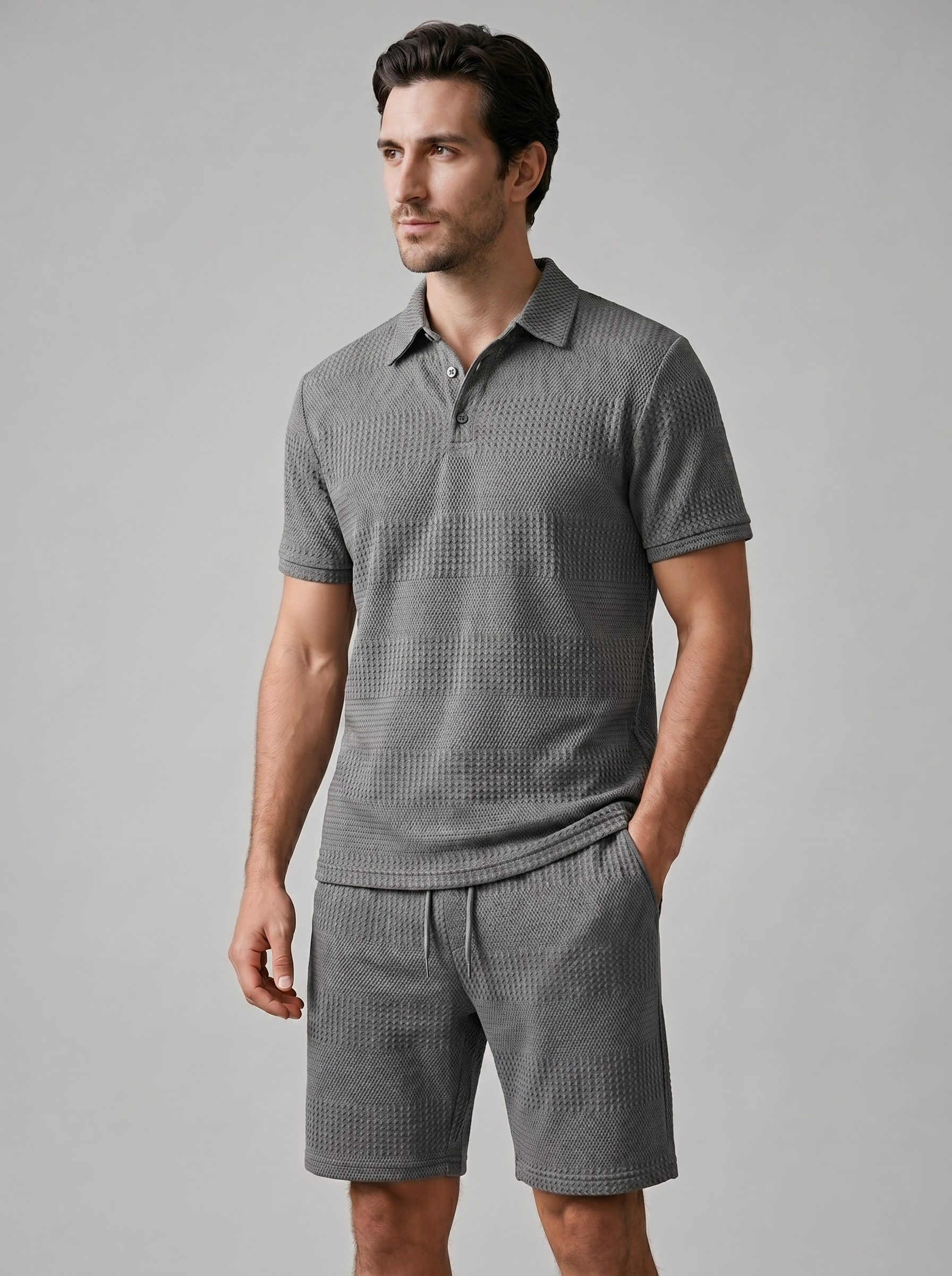 Set aus strukturiertem Polohemd und Shorts für Herren