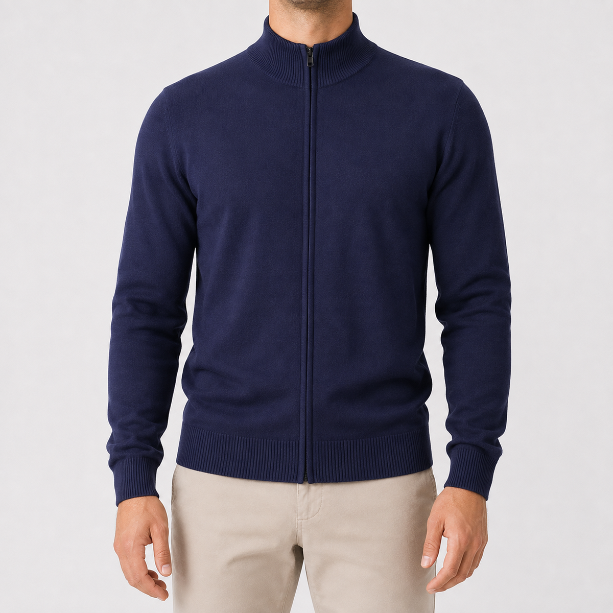 Cardigan homme en maille avec col montant, fermeture éclair et coupe décontractée
