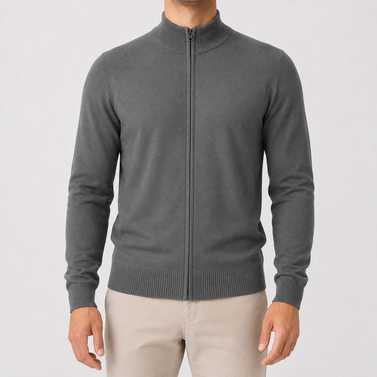 Herren Strickjacke mit Stehkragen Reißverschluss und Relaxed Fit