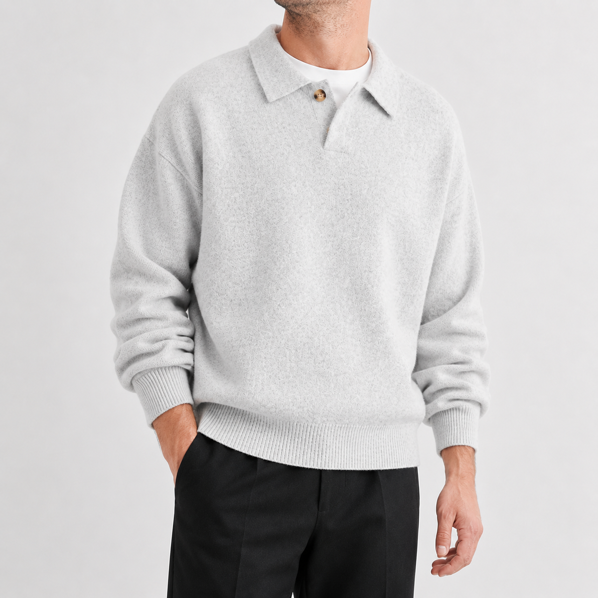 Herren Polo-Strickpullover mit Langarm und Relaxed Fit