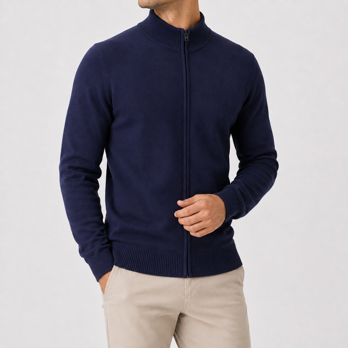 Herren Strickjacke mit Stehkragen Reißverschluss und Relaxed Fit