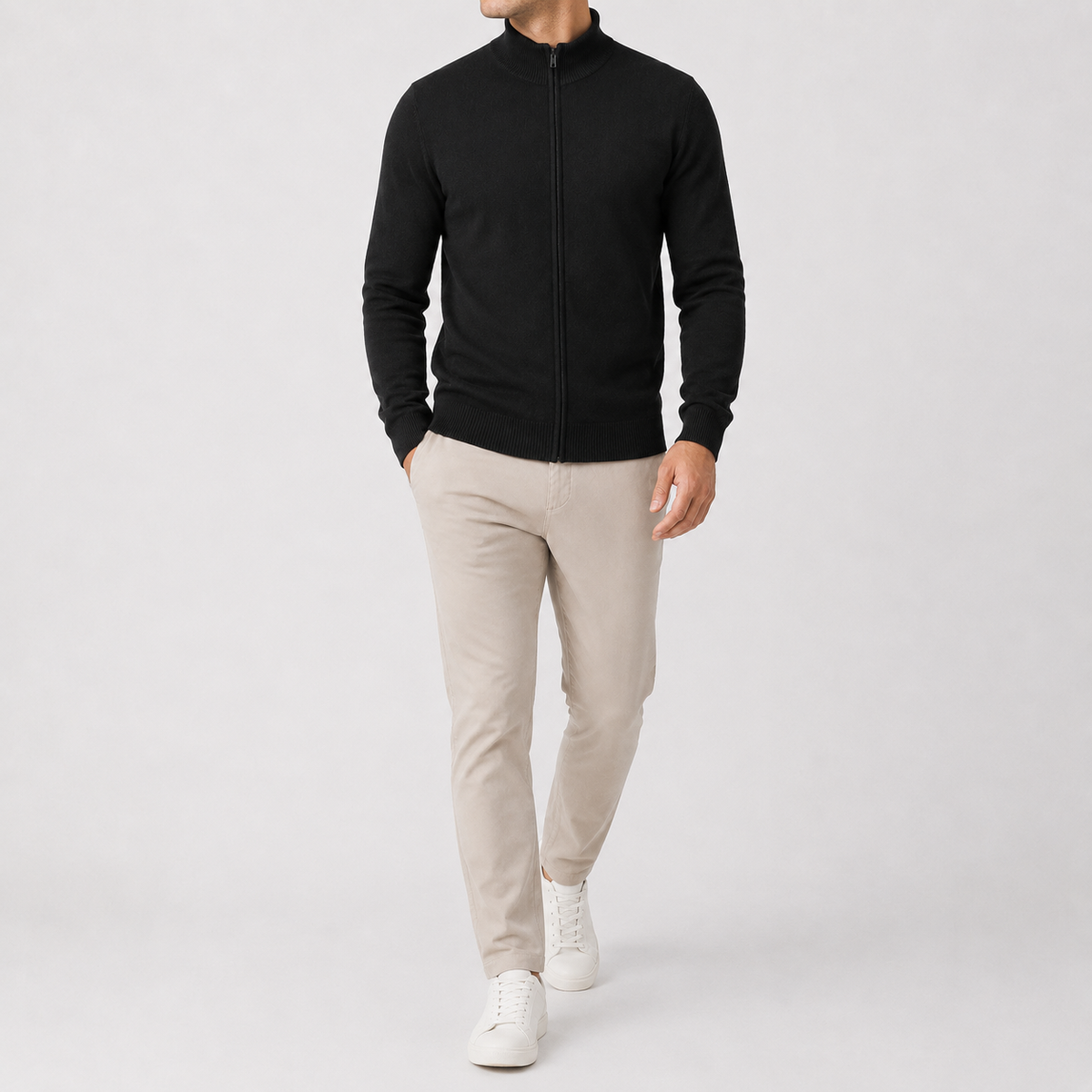Herren Strickjacke mit Stehkragen Reißverschluss und Relaxed Fit