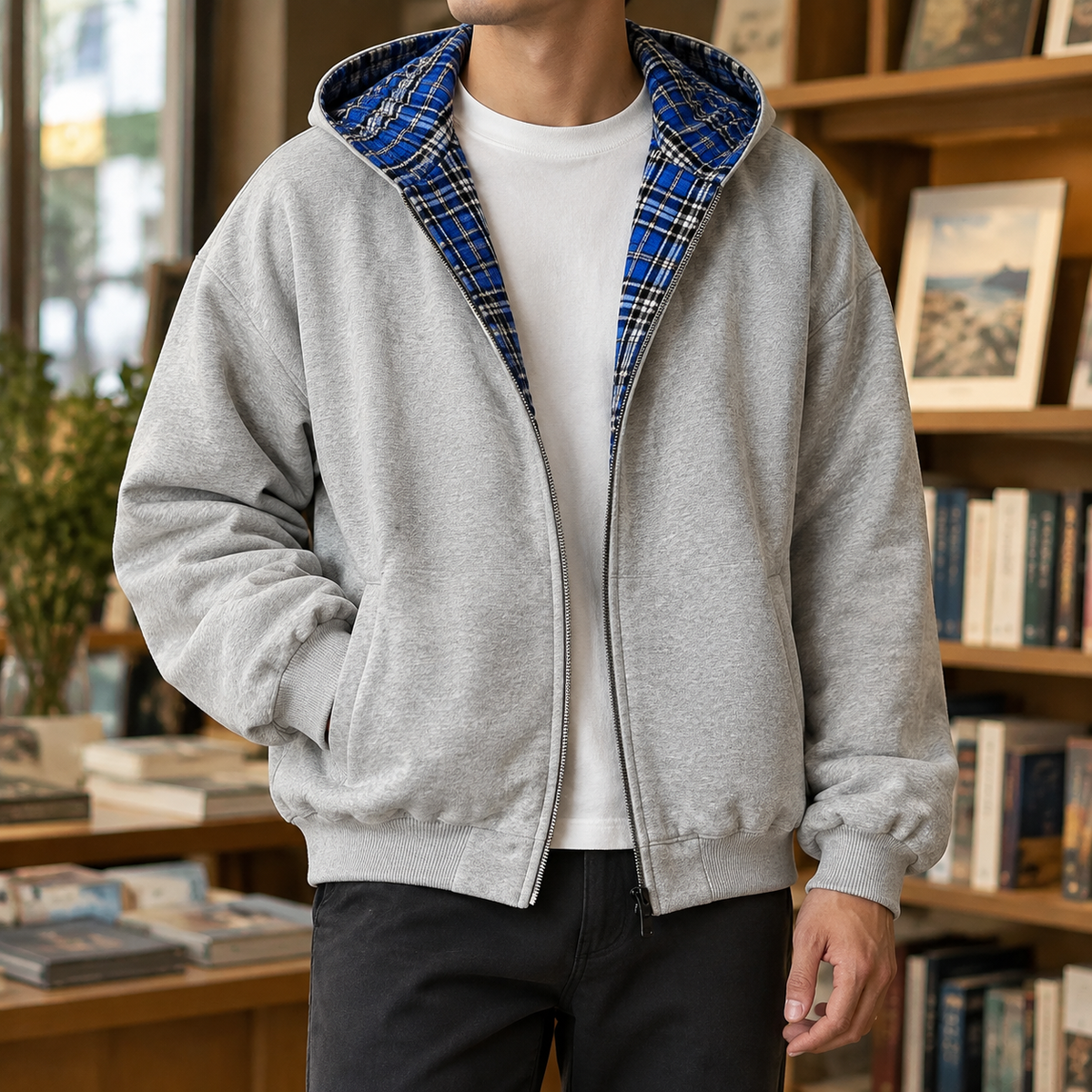 Herren Wendejacke mit Kapuze und Karomuster