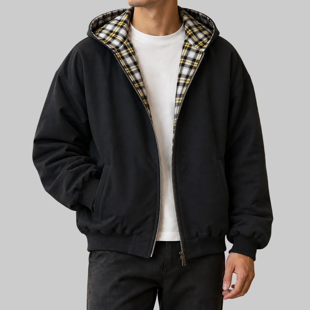Herren Wendejacke mit Kapuze und Karomuster