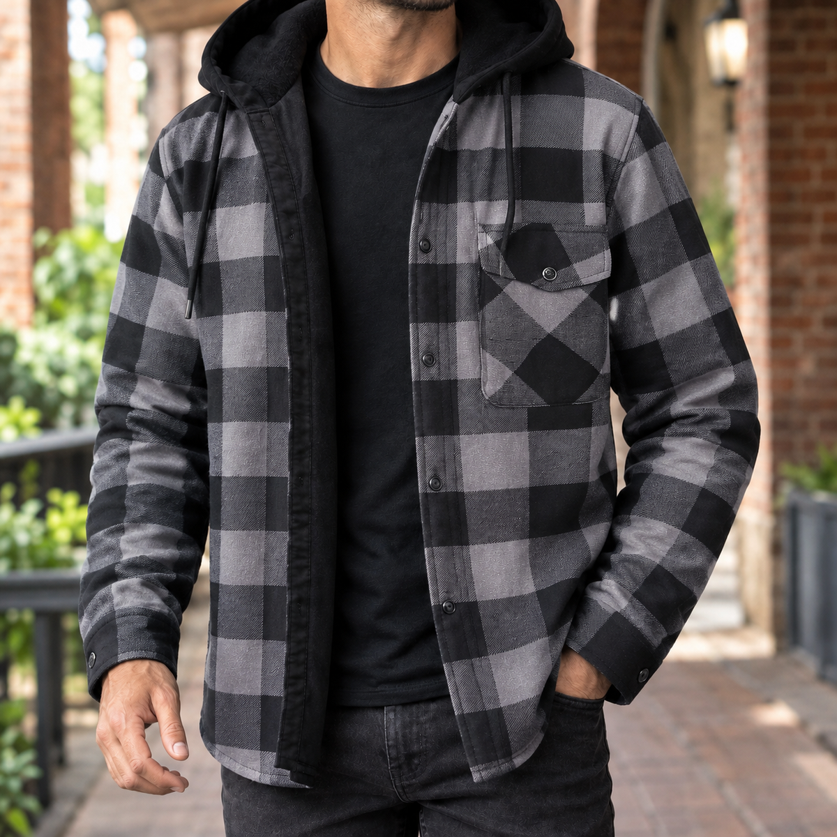 Herren karierte Jeansjacke mit Kapuze