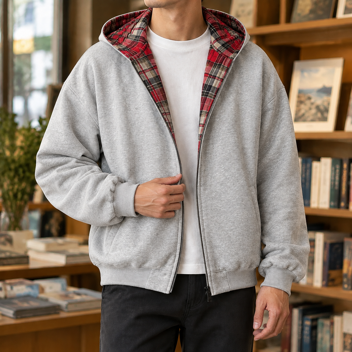 Herren Wendejacke mit Kapuze und Karomuster