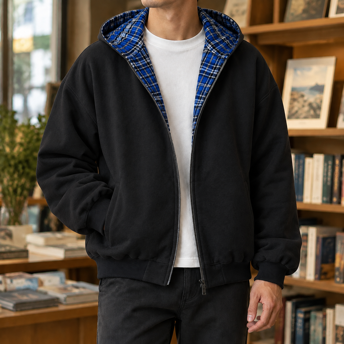 Herren Wendejacke mit Kapuze und Karomuster