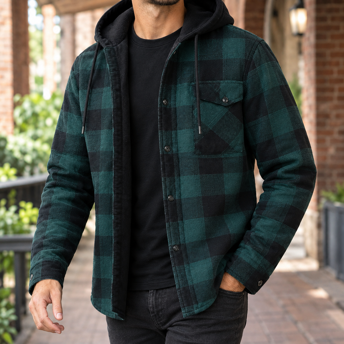 Herren karierte Jeansjacke mit Kapuze