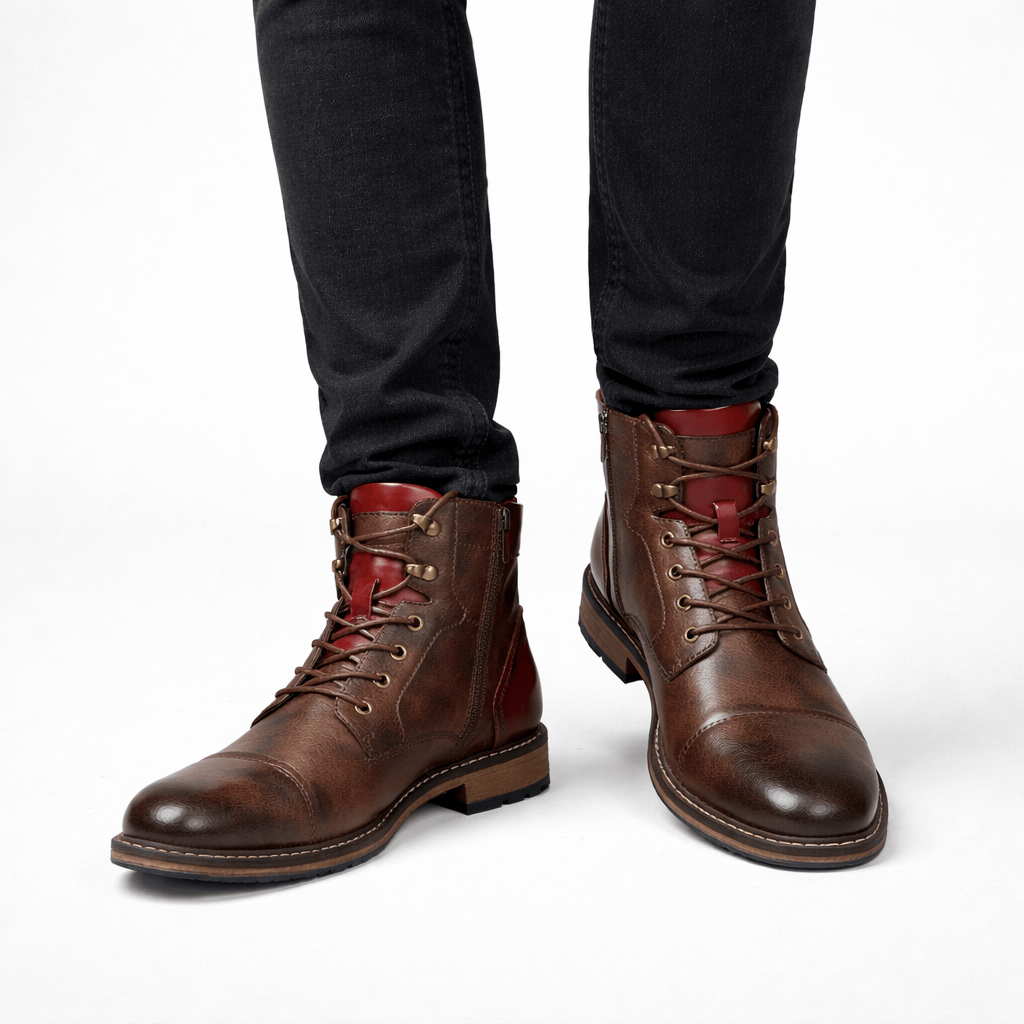 Herren Leder Boots Retro Stiefel mit Reißverschluss und Gummisohle