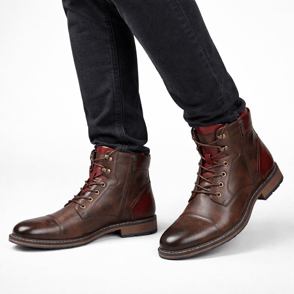 Herren Leder Boots Retro Stiefel mit Reißverschluss und Gummisohle