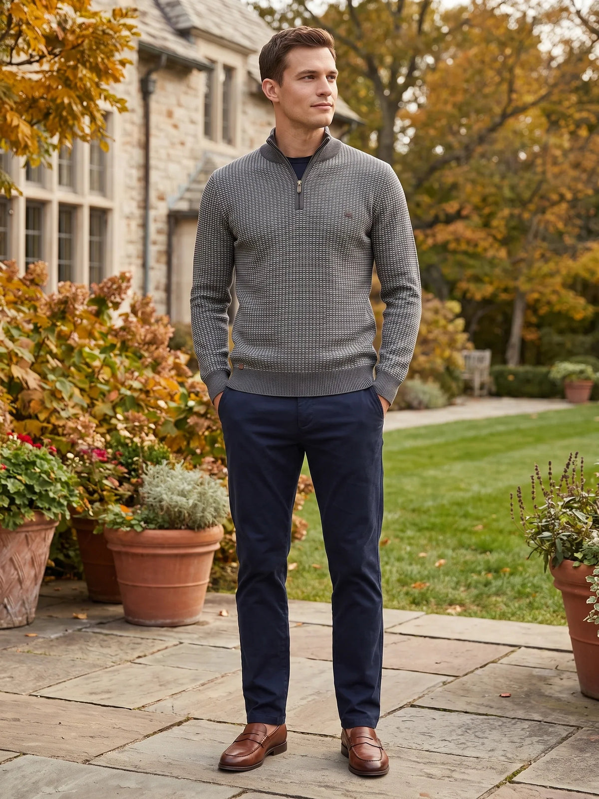 Herren Baumwollpullover mit Streifen und Quarter Zip
