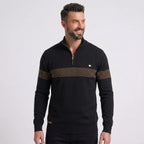 Man wearing MannerCo navy half-zip cotton sweater in outdoor autumn lifestyle setting
