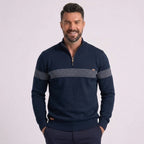 MannerCo navy slim fit half-zip sweater with chest stripe and gold zipper, product display