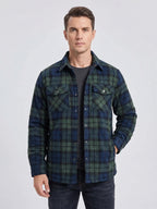 Front studio view of a model wearing a Red plaid flannel jacket with snap-button chest pockets and a button-up front.