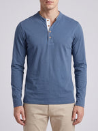 Close-up of the Gray Slim-Fit cotton Henley shirt’s stitched neckline and three-button placket.