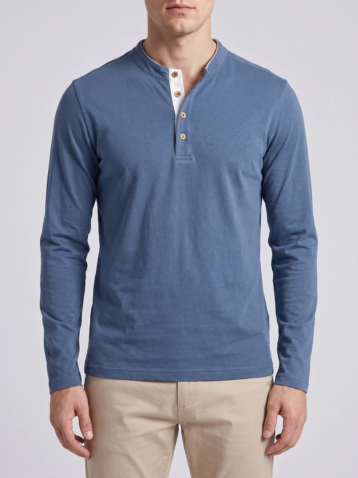 Close-up of the Gray Slim-Fit cotton Henley shirt’s stitched neckline and three-button placket.